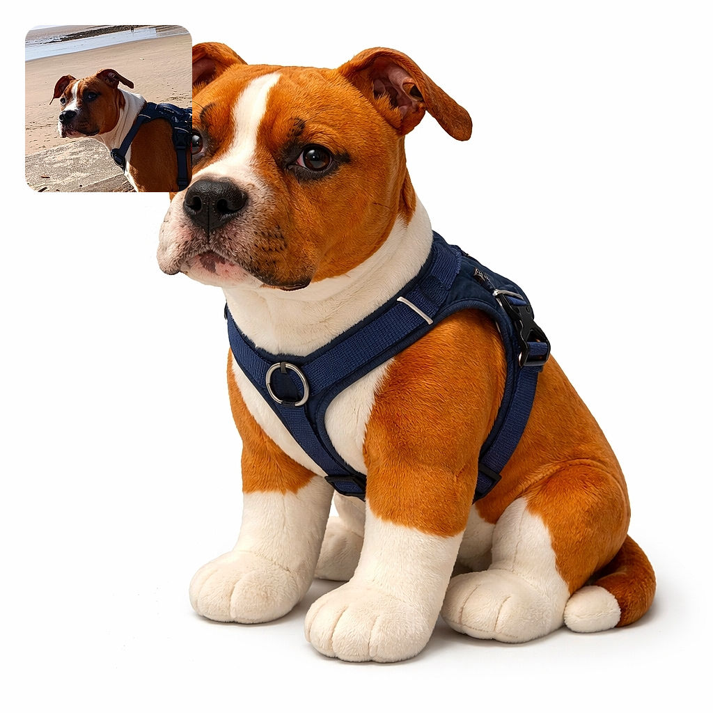 A curious brown-and-white dog in a navy harness gives a side-eye on a sunny beach — low tide, seawall and sand in the background as the pup contemplates its next grand excavation.