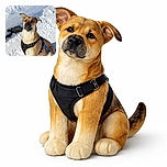 A sturdy dog with a black harness poses attentively in the snow, ears perked up and eyes focused, as if ready for a winter adventure or a game of fetch in the frosty outdoors.