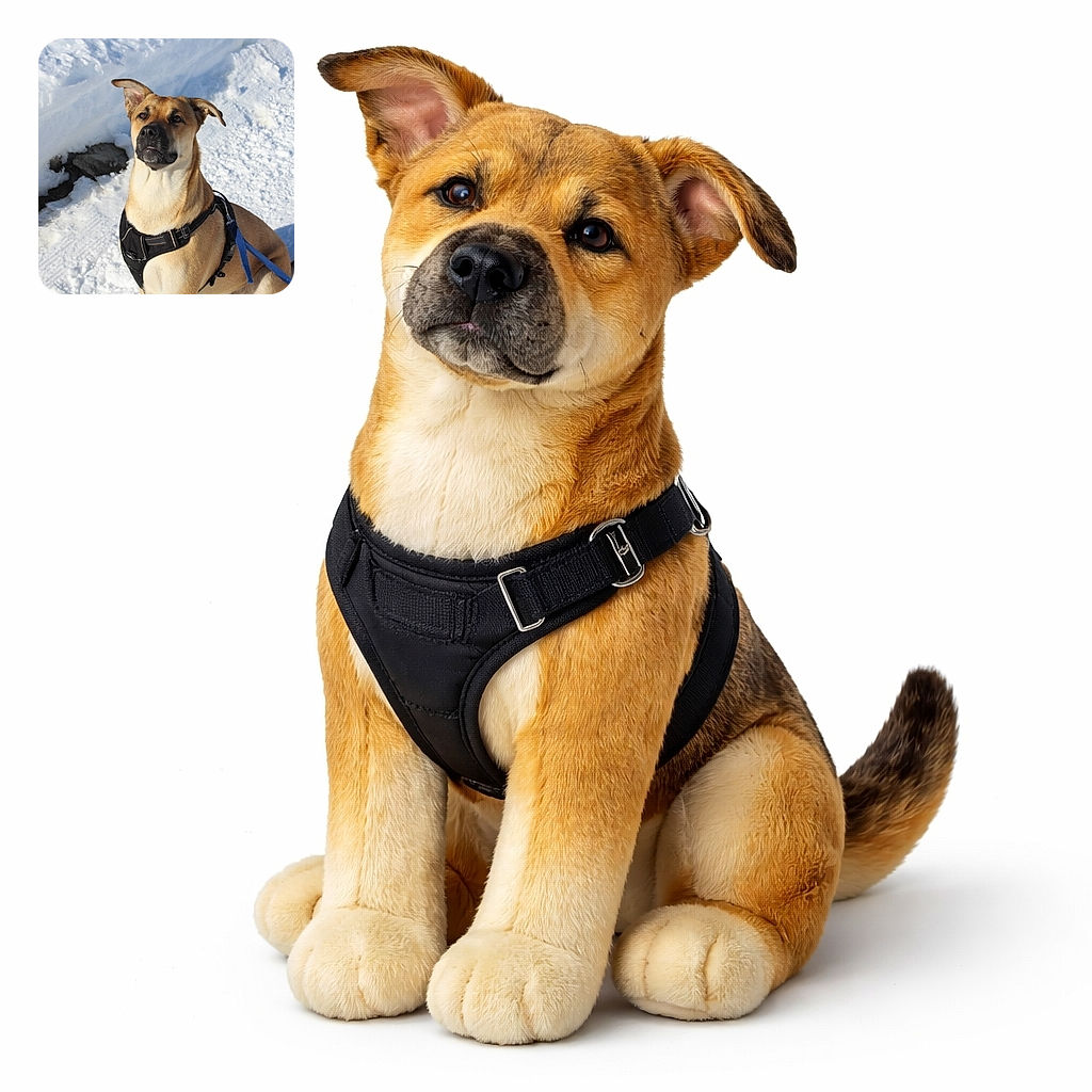 A sturdy dog with a black harness poses attentively in the snow, ears perked up and eyes focused, as if ready for a winter adventure or a game of fetch in the frosty outdoors.