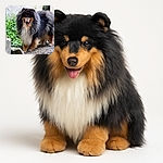A majestic fluffy dog with a thick, luxurious coat stands proudly on a gravel path, surrounded by greenery and natural stone elements, looking happy and content with its tongue slightly out.