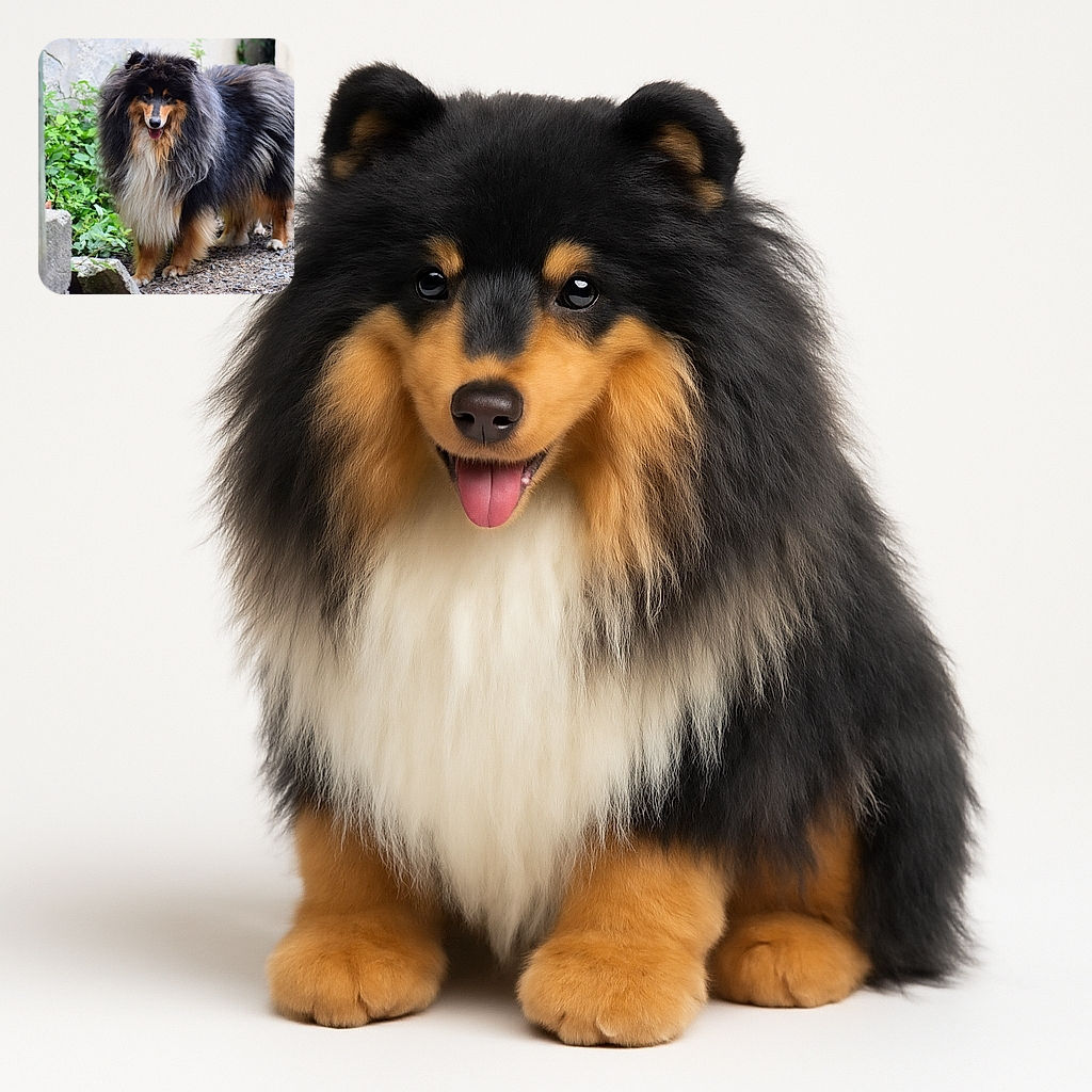 A majestic fluffy dog with a thick, luxurious coat stands proudly on a gravel path, surrounded by greenery and natural stone elements, looking happy and content with its tongue slightly out.