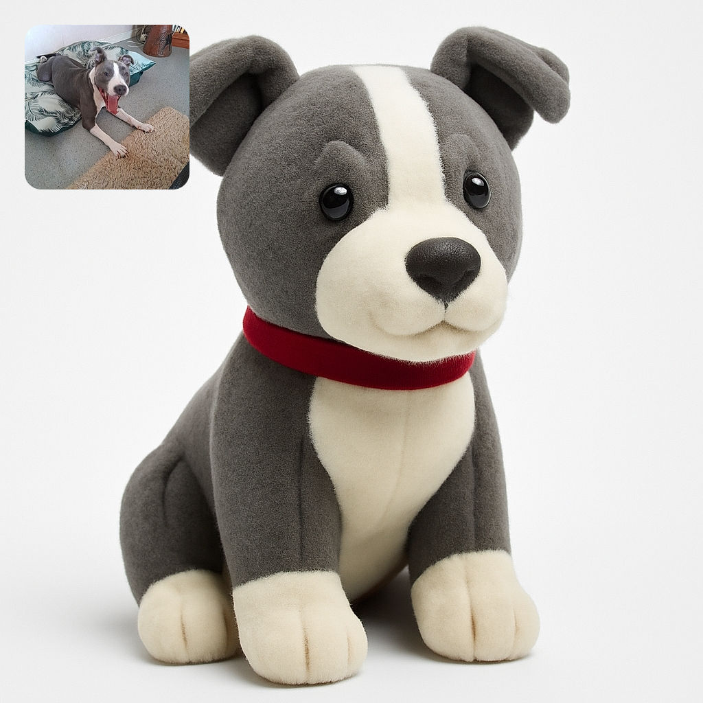 A playful dog with a gray and white coat is lying on a patterned cushion, mouth wide open as if mid-yawn or mid-bark, with a cozy beige rug and an African drum in the background adding a homely vibe.