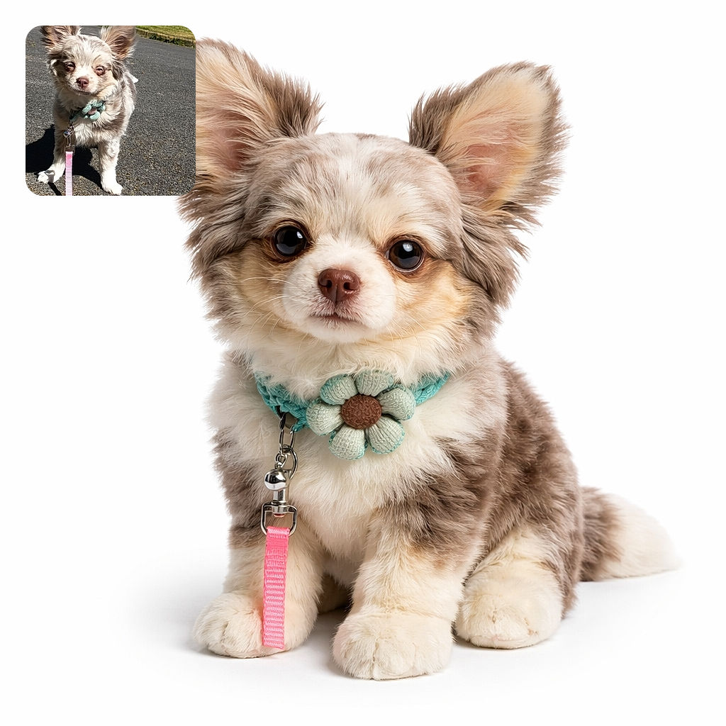 A fluffy little dog with big ears and a pink leash stands on a sunlit pavement, looking slightly sleepy but undeniably adorable, ready for a walk in the park with a cute knitted collar flower accessory.