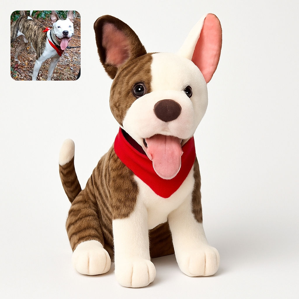 A happy, excited dog with a red bandana is standing outdoors on a leafy ground, tongue out and ears perked up, looking ready for an adventure in the woods.