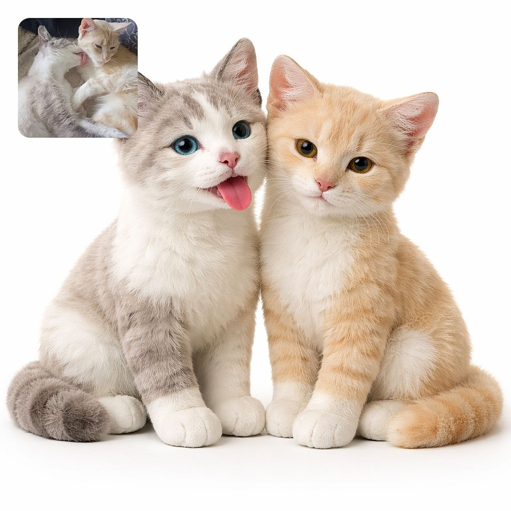 Two very cozy cats in a dramatic cuddle: one gives the other a wet, enthusiastic grooming while both sprawl on a soft blanket and pillows — the pale orange cat looks mildly embarrassed and regal at once, the grey-and-white cat is all tongue and affection.