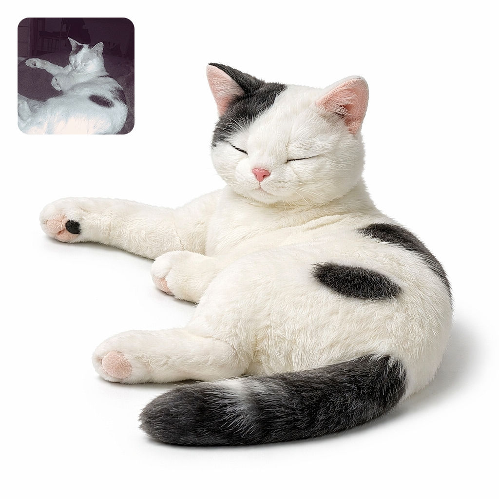 A relaxed white and black cat is lounging comfortably on a bed with its eyes closed, looking like it's in a deep, peaceful nap. The dimly lit room in the background adds a cozy, quiet atmosphere.