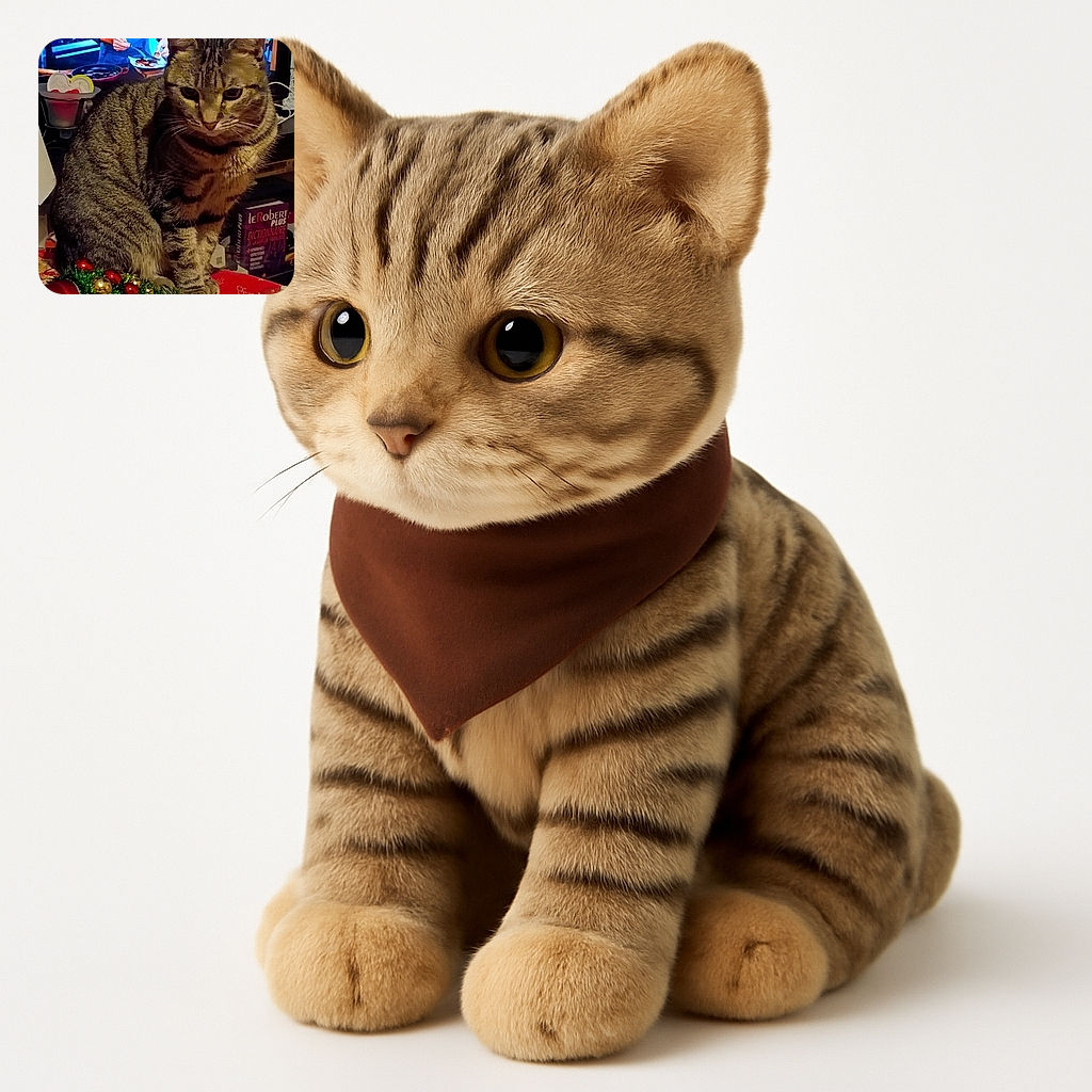 A serious tabby cat sits attentively on a festive table adorned with Christmas decorations, while a cozy kitchen scene with a person cooking plays on a screen in the background.