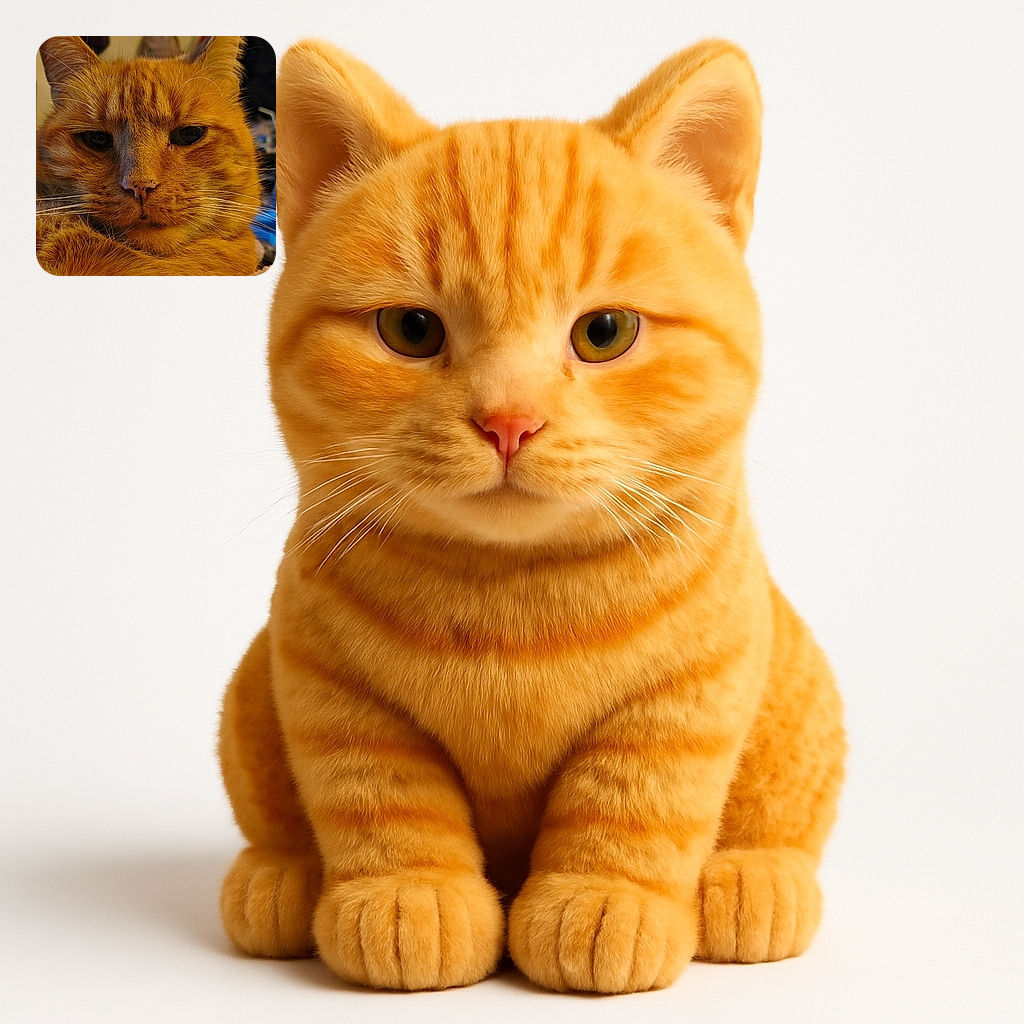 A close-up photo of a relaxed orange tabby cat lying down indoors with a cozy background of household items and a blue pillow, showcasing the cat's detailed fur texture and calm expression.