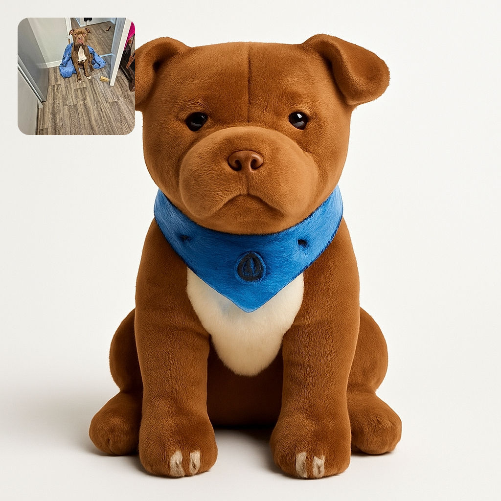 A serious-looking brown dog with a white chest sits patiently on a wooden floor, partially wrapped in a blue blanket adorned with cartoon characters. The scene is indoors with a simple, lived-in kitchen and hallway background, featuring a few scattered objects on the floor.