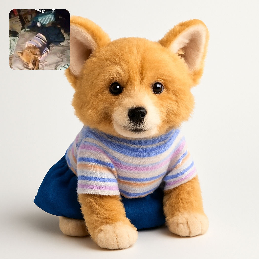 A small dog wearing a striped shirt and a dark skirt lies on a bed with patterned bedding. The photo is slightly blurry and dimly lit, with a cluttered background including furniture and a laundry basket. White text overlay reads 'NayNay's new skirt!'