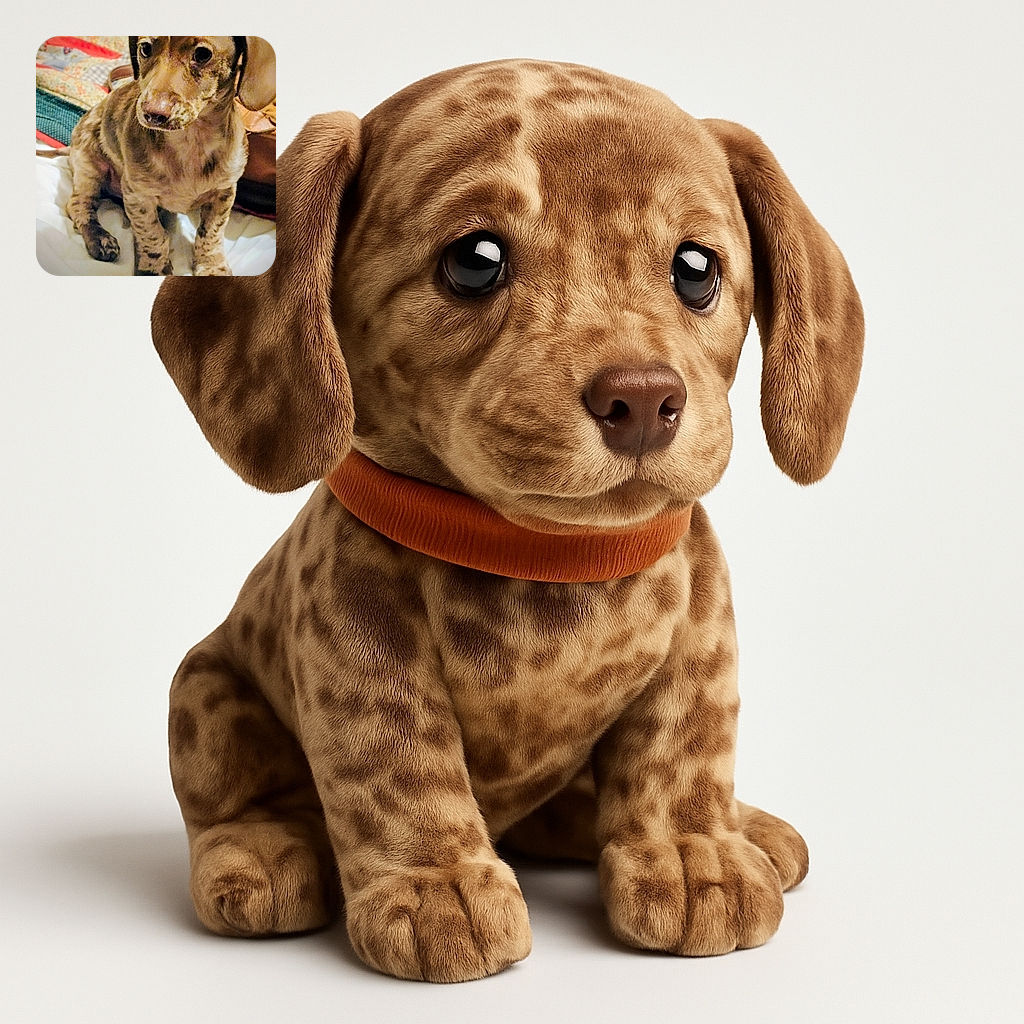A charming brindle puppy sits on a cozy bed with a colorful quilt in the background, looking curiously off to the side with big soulful eyes and floppy ears.