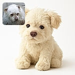 A close-up photo of a fluffy white dog with slightly matted fur, looking a bit tired or sad. The background is blurred and neutral, putting full focus on the dog's face with soft lighting.