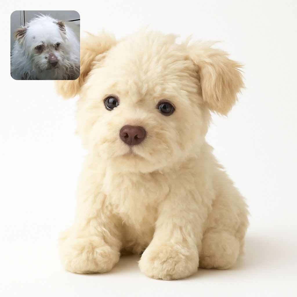 A close-up photo of a fluffy white dog with slightly matted fur, looking a bit tired or sad. The background is blurred and neutral, putting full focus on the dog's face with soft lighting.