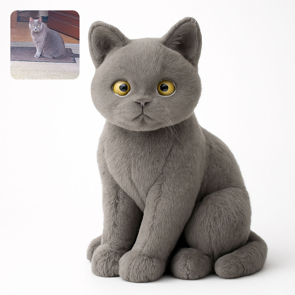 A dignified gray cat sits patiently on a doormat in front of an open door, its piercing yellow eyes locked onto the camera with a look that says, 'Who goes there?' The background shows a cozy indoor space with tiled flooring and wooden furniture.