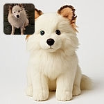 A fluffy white dog with striking blue eyes sits attentively on a dark couch, its ears perked up and fur slightly tousled, giving off a cozy indoor vibe with soft lighting and neutral background.
