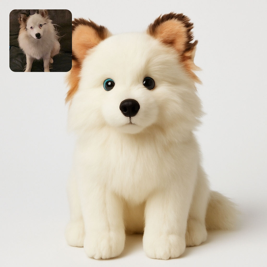 A fluffy white dog with striking blue eyes sits attentively on a dark couch, its ears perked up and fur slightly tousled, giving off a cozy indoor vibe with soft lighting and neutral background.