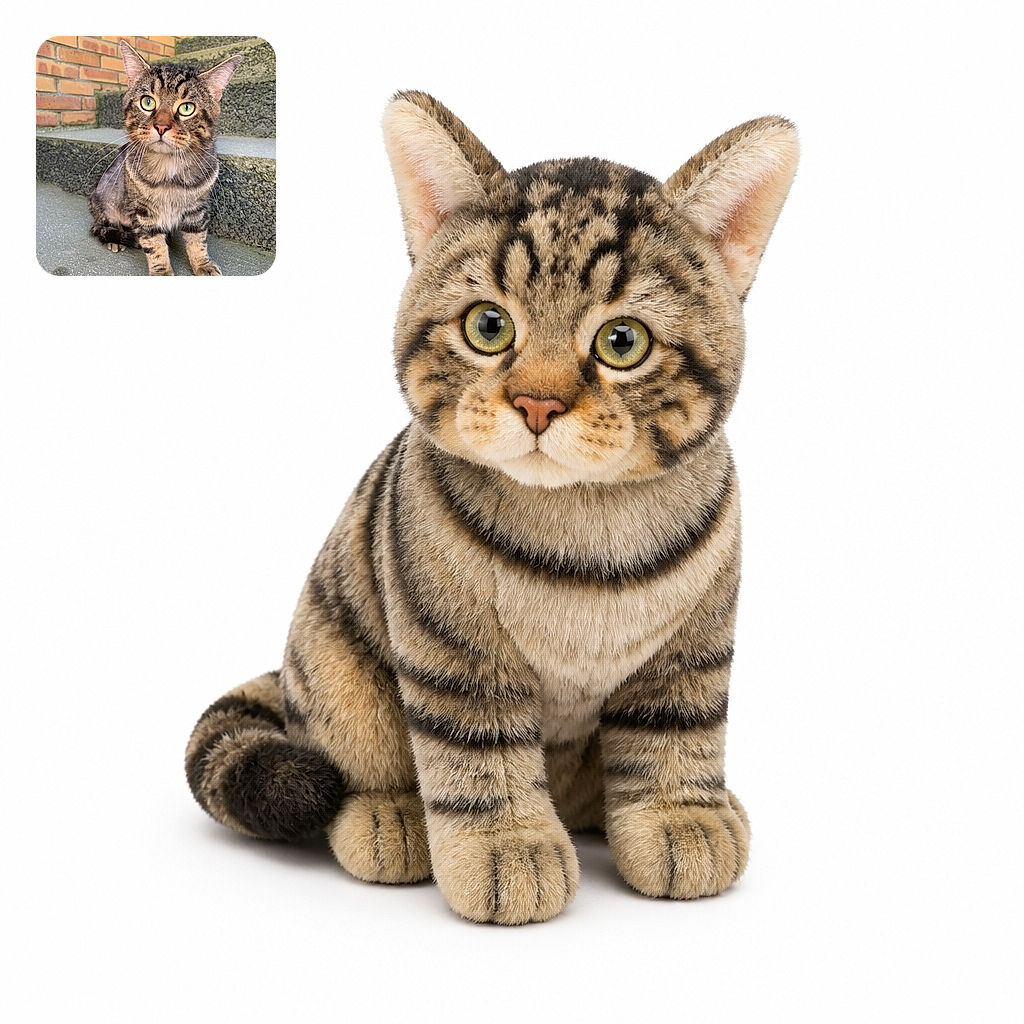 A handsome tabby cat sits proudly on a concrete step, staring into the camera with enormous green eyes as if it has just been elected mayor of the brick staircase. Its whiskers fan out dramatically, while the mossy steps and warm brick wall create a charming outdoor portrait.
