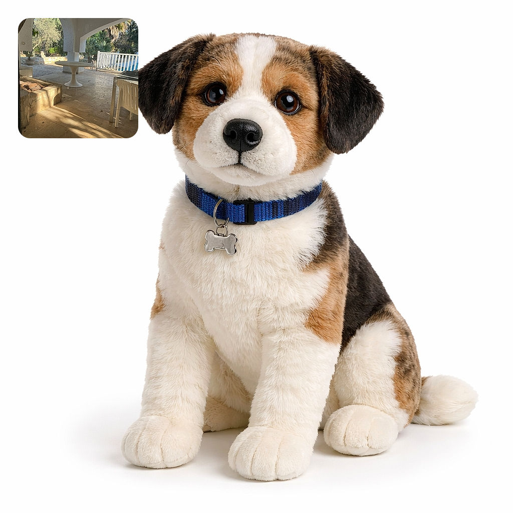 A nosy, dignified dog peeks around the white railing like it's inspecting poolside security while sunbeams and long shadows stage an impromptu patio photoshoot — plastic table and chairs, arched columns, potted plants and a stone planter complete the scene.
