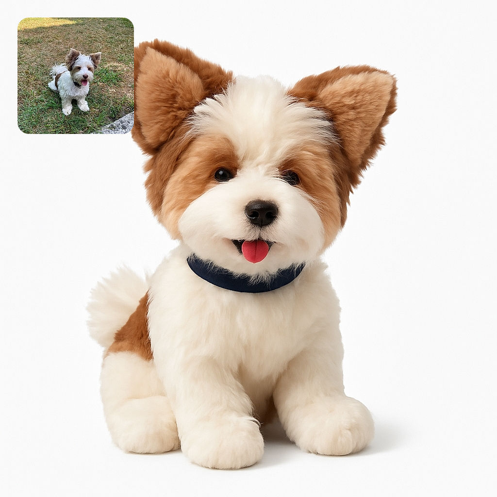 A fluffy, happy little dog with large ears and a playful tongue out sits on a patchy grassy lawn near a concrete edge, basking in the sunlight with a couple of white chairs blurred in the background.