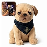 A cozy indoor scene where a smiling older woman in a cream turtleneck gently holds a small dog wearing a dark bandana. The background is warmly lit with wooden walls and a softly glowing television screen, creating a comforting and intimate atmosphere.