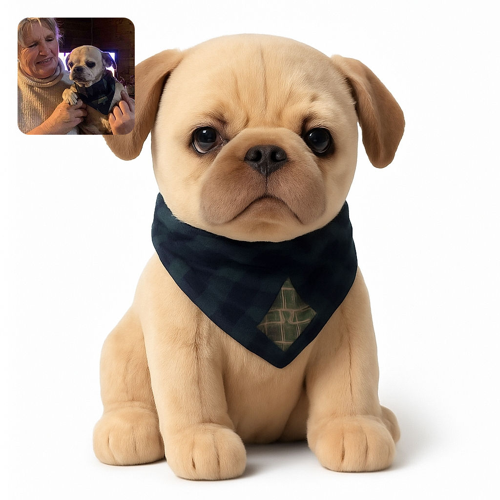 A cozy indoor scene where a smiling older woman in a cream turtleneck gently holds a small dog wearing a dark bandana. The background is warmly lit with wooden walls and a softly glowing television screen, creating a comforting and intimate atmosphere.