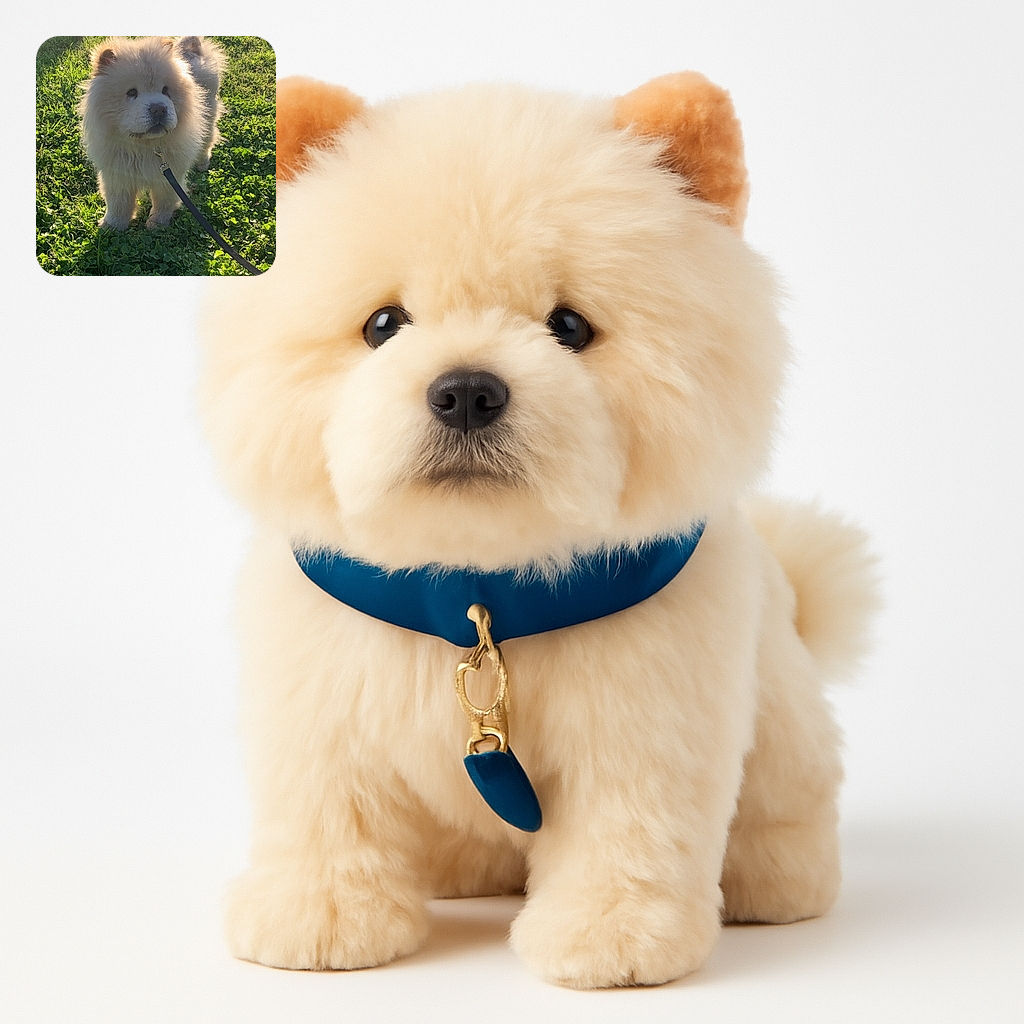 A fluffy Chow Chow puppy stands on a lush green patch of clover and grass, its thick fur glowing warmly in the sunlight. The dog looks curious and calm, attached to a black leash that stretches out of the frame, surrounded by natural outdoor beauty.