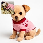 A small dog with big, soulful eyes is curled up on a cozy blanket, wearing an adorable pink sweater with red heart patterns. Behind the dog, a large plush toy adds extra softness to the scene, making it look like the dog is nestled in a cloud of comfort.