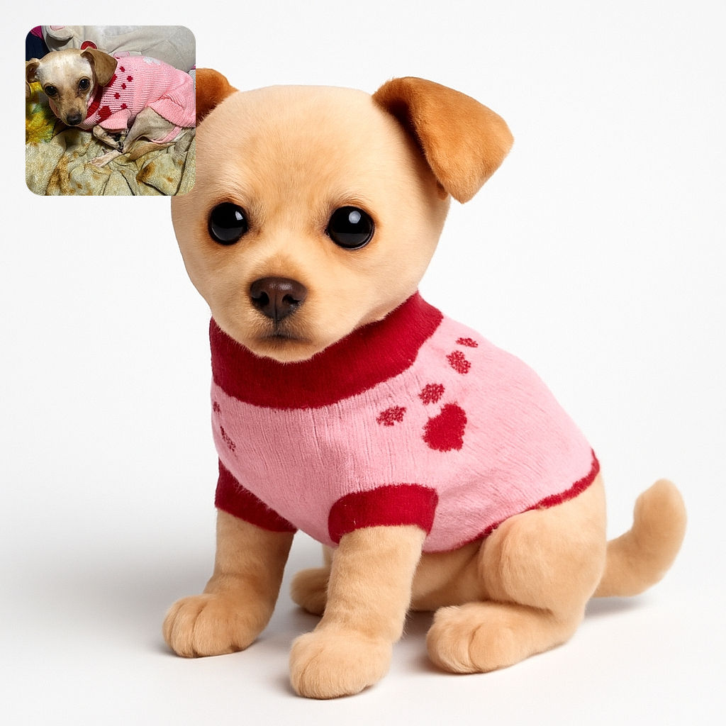 A small dog with big, soulful eyes is curled up on a cozy blanket, wearing an adorable pink sweater with red heart patterns. Behind the dog, a large plush toy adds extra softness to the scene, making it look like the dog is nestled in a cloud of comfort.