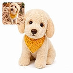 A fluffy cream-colored dog named Lucy sits proudly in a cozy, flower-filled corner wearing a sunny yellow bandana, looking like she has just been promoted to Chief Happiness Officer. Paw-print blankets, a personalized toy bone, daisies, and cheerful signs complete the carefully staged canine wonderland.