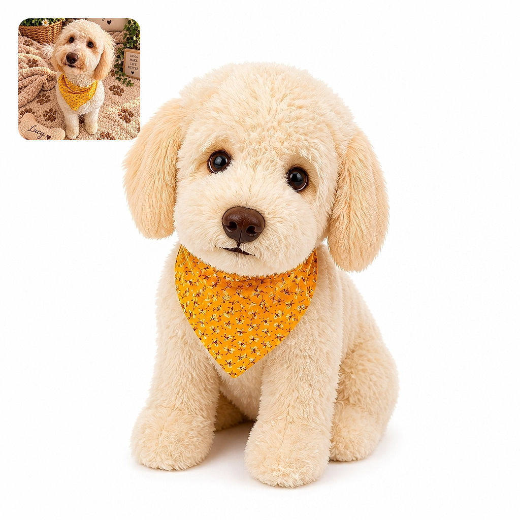 A fluffy cream-colored dog named Lucy sits proudly in a cozy, flower-filled corner wearing a sunny yellow bandana, looking like she has just been promoted to Chief Happiness Officer. Paw-print blankets, a personalized toy bone, daisies, and cheerful signs complete the carefully staged canine wonderland.