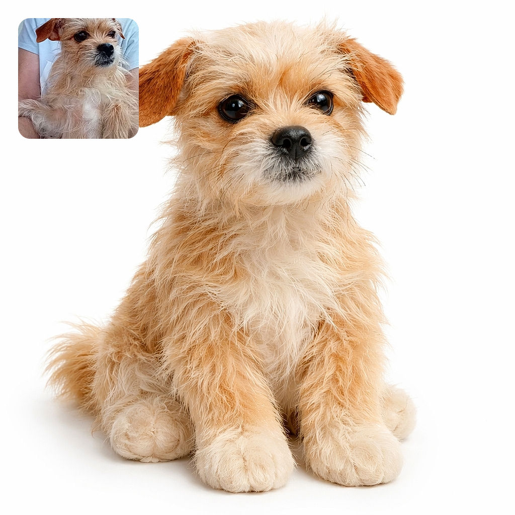 A scruffy little terrier perched like a tiny, disheveled king in someone's arms — wide shiny eyes, a valiantly wet nose, and a mane that suggests it lost a fight with a brush but won the cuddle contest.