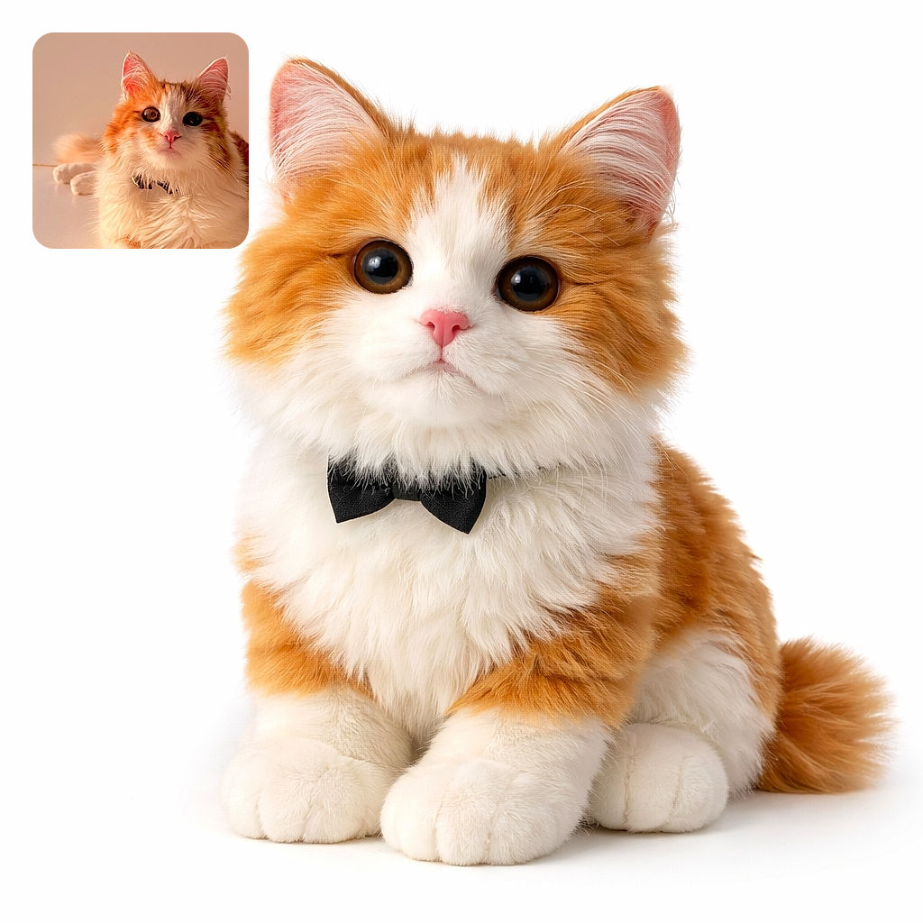 A fluffy orange-and-white cat lounges like royalty against a soft beige backdrop, big curious eyes and a pink nose stealing the show — it looks like a tiny lion who just remembered where it hid the treats.