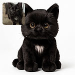 A fluffy black kitten with piercing yellow eyes and a small white patch on its chest stares curiously at the camera while standing on a tiled floor near a white wall, looking like it's about to pounce on an invisible toy.