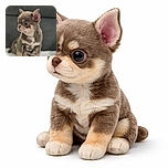 A tiny, adorable puppy with big eyes and oversized ears sits attentively on a soft white surface, looking off to the side with a curious expression. The background is softly blurred, highlighting the puppy's soft fur and charming features.