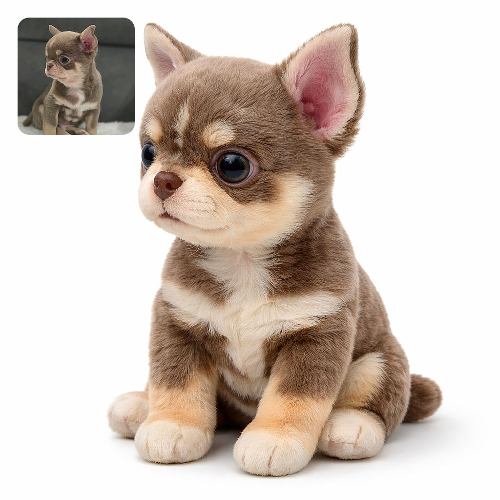 A tiny, adorable puppy with big eyes and oversized ears sits attentively on a soft white surface, looking off to the side with a curious expression. The background is softly blurred, highlighting the puppy's soft fur and charming features.