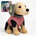 A dog wearing a shiny pink jacket looks off to the side in a slightly blurry outdoor setting with grass and some tiles in the background, capturing a candid moment of canine curiosity.