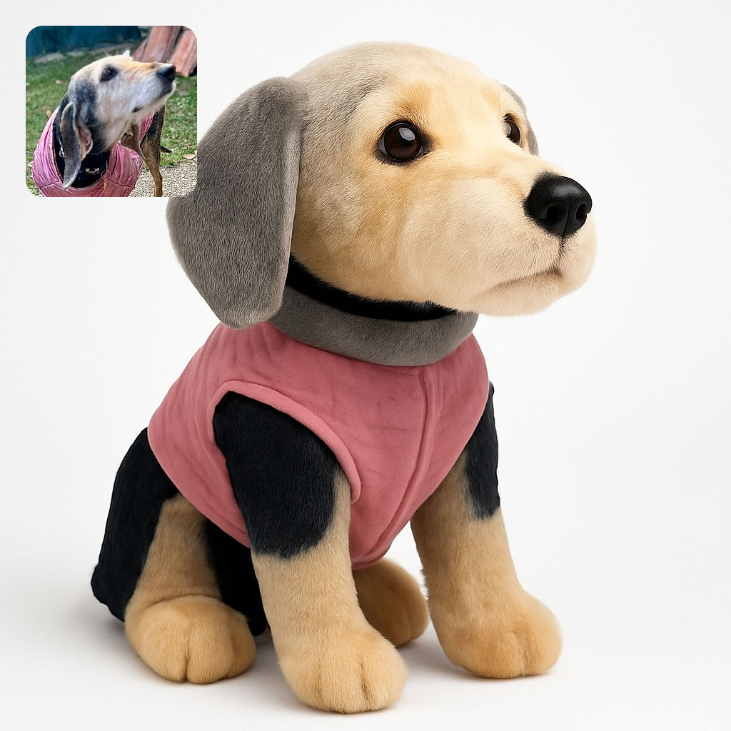 A dog wearing a shiny pink jacket looks off to the side in a slightly blurry outdoor setting with grass and some tiles in the background, capturing a candid moment of canine curiosity.