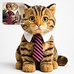 A dignified tabby cat wearing a white collar and a stylish pink and black striped tie, sitting confidently on a soft blanket with a neutral indoor background, looking like it's ready for a business meeting or a cat CEO photoshoot.