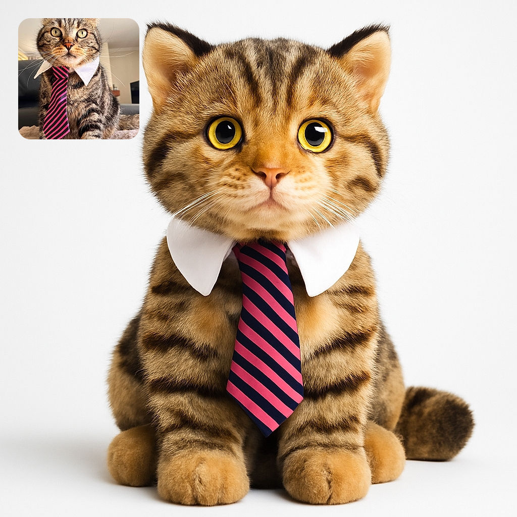 A dignified tabby cat wearing a white collar and a stylish pink and black striped tie, sitting confidently on a soft blanket with a neutral indoor background, looking like it's ready for a business meeting or a cat CEO photoshoot.