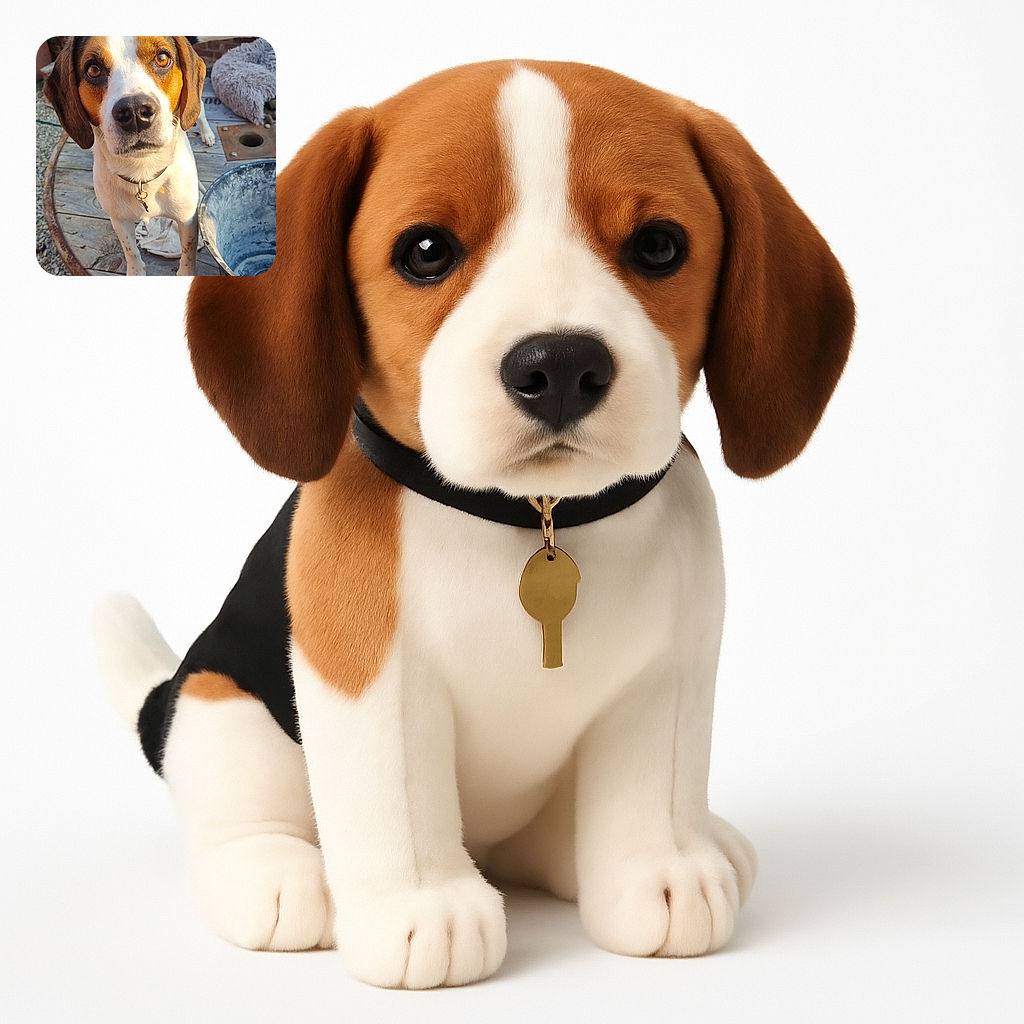 A curious dog with soulful amber eyes stands on a rustic wooden spool table, surrounded by a garden setting with gravel and a brick wall backdrop. The dog's close-up face and attentive expression make it the star of this warm, natural photo.
