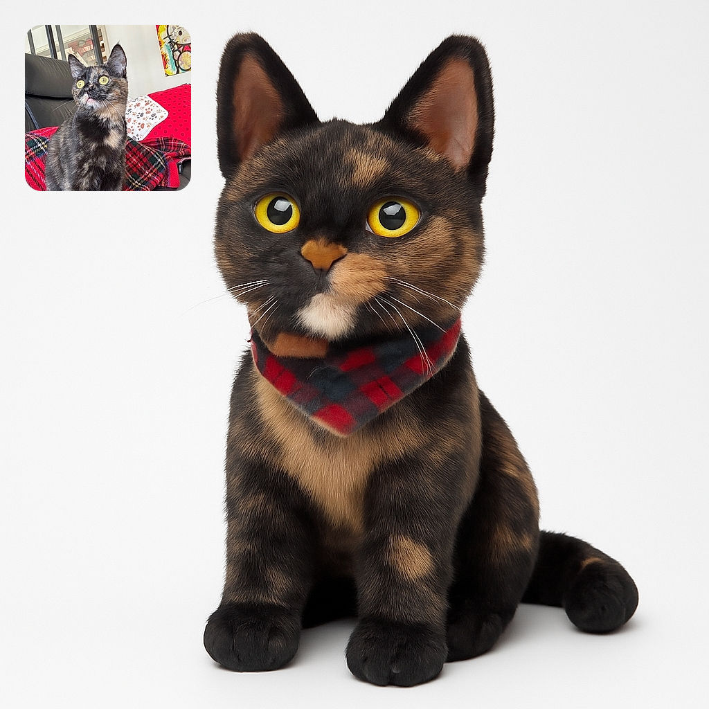 A curious tortoiseshell cat sits upright on a black leather couch draped with a red and green plaid blanket. The cat's bright yellow eyes are wide open, and its tongue slightly peeks out, giving it an adorably surprised expression. Behind, a colorful Hello Kitty painting adds a playful touch to the cozy indoor setting.