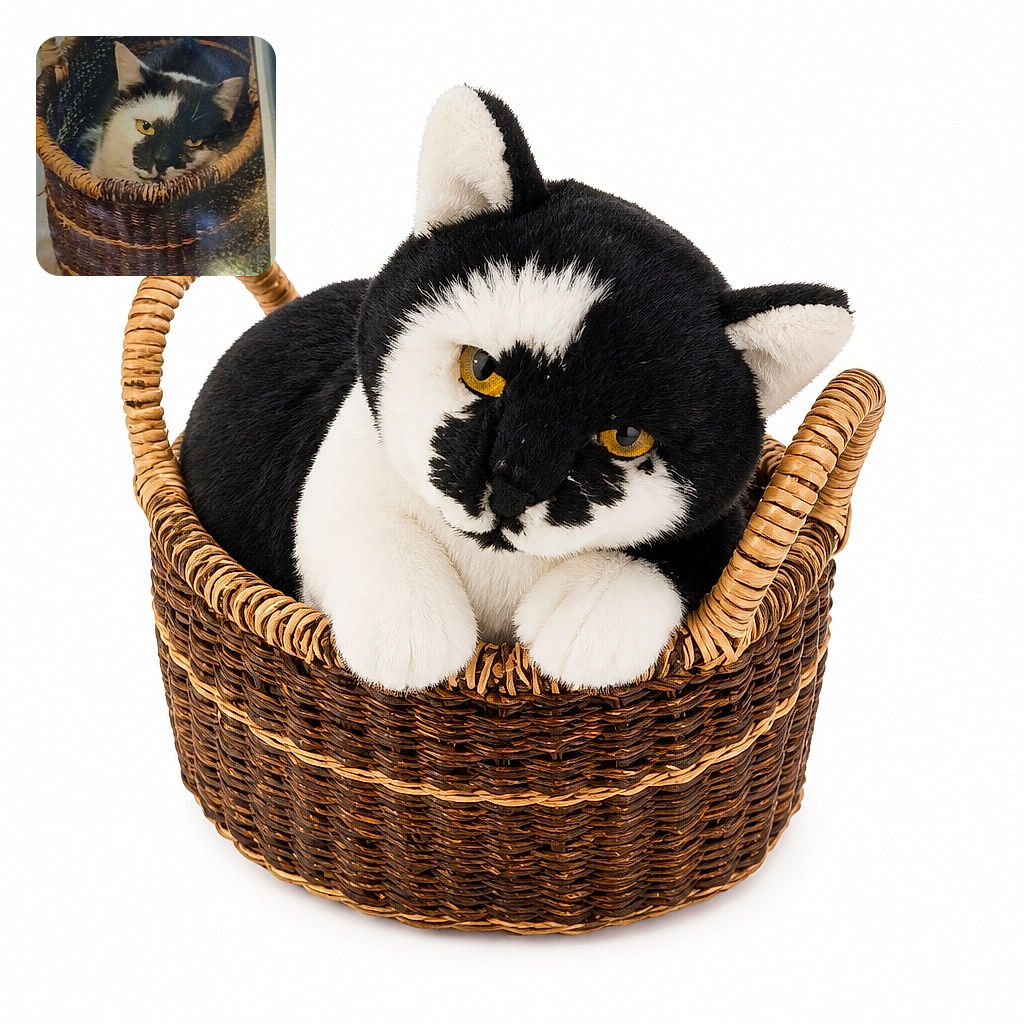 A black-and-white cat is curled up in a woven basket, staring with the intense golden-eyed judgment of a tiny furry supervisor. The picture appears to be a photographed print or screen, complete with soft focus and a dramatic glare in the corner.