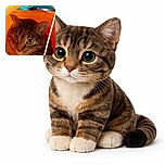 A curious tabby cat is nestled inside a bright orange bucket with a colorful handle, eyes wide and focused on a dangling toy just out of reach, ready to pounce or play at any moment.
