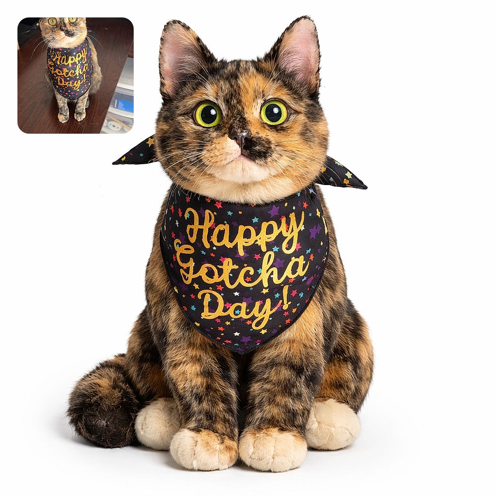 A wide-eyed tortoiseshell cat proudly modeling a "Happy Gotcha Day!" bandana while sitting on a wooden desk — posing like it knows it's the reason everyone woke up smiling today.