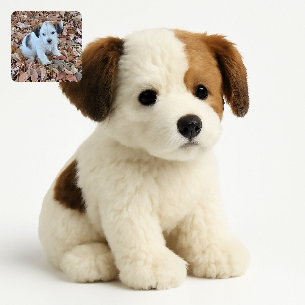 A fluffy white and brown puppy is sitting among a pile of dry autumn leaves, looking curious and a bit sleepy, blending in with the earthy tones of the background.