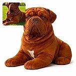 A majestic large brown dog lounges on a lush green lawn, basking under the warm sun with a serene and dignified expression, surrounded by a softly blurred backdrop of trees and sunlight.