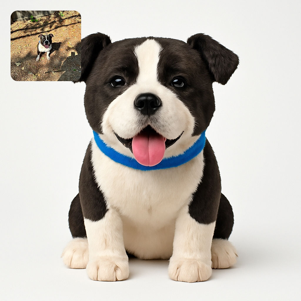 A happy dog with a black and white coat sits on a sunny patch of dirt and dry leaves, tongue out and ears perked, looking eagerly at the camera in a fenced backyard with shadows of tree branches crossing the ground.