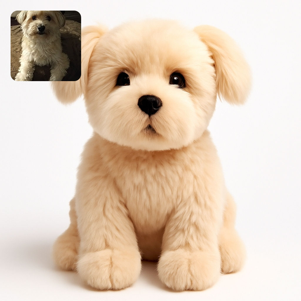 A fluffy, cream-colored dog lounges comfortably on a soft brown blanket, looking directly at the camera with curious dark eyes. The cozy indoor setting features neutral-toned pillows and furniture in the background, creating a warm and inviting atmosphere.