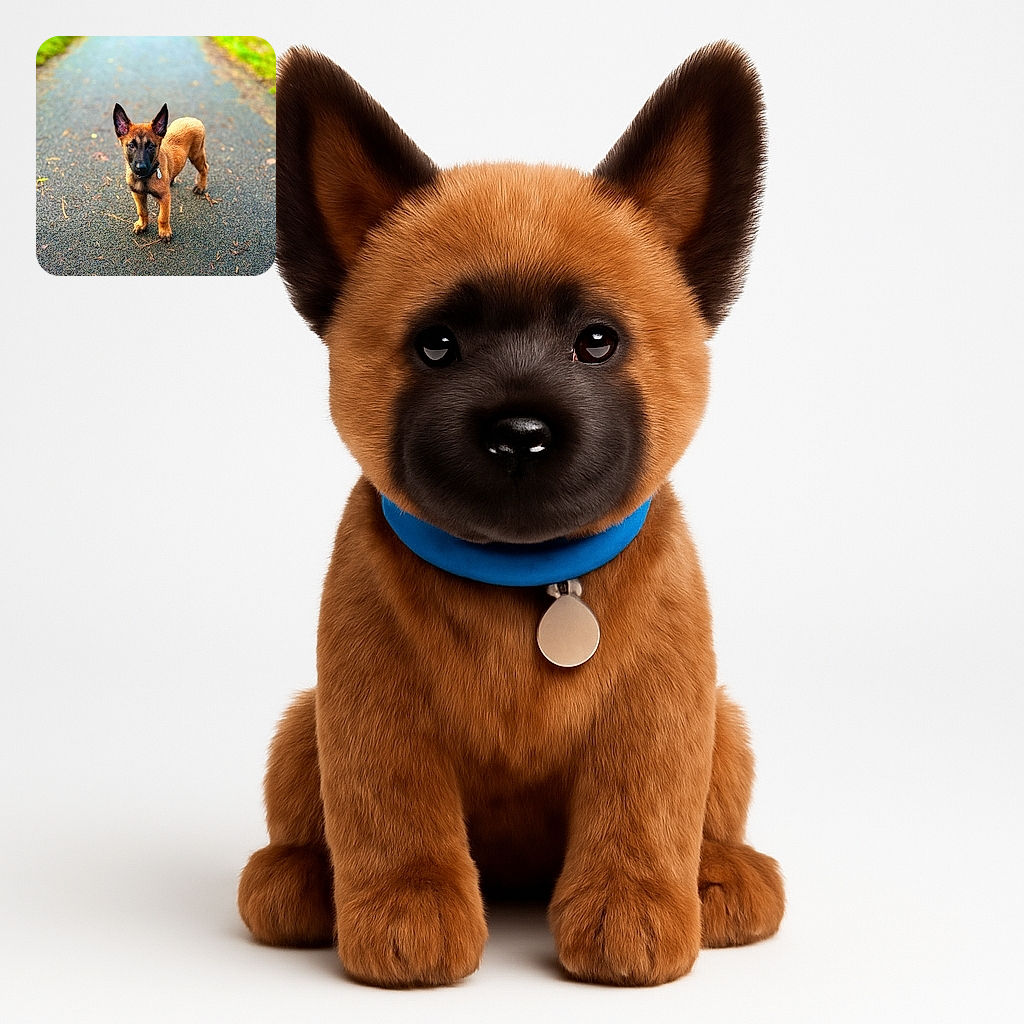 A curious young dog with large ears stands attentively on a paved path surrounded by greenery, its fur glowing warmly in soft natural light, ready for an adventure or a game of fetch.