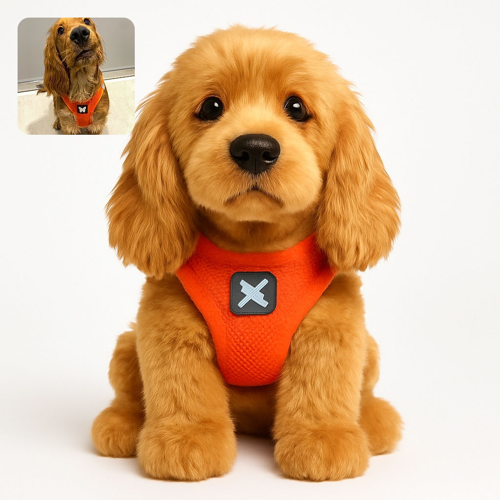 A charming golden dog wearing a bright orange harness with a butterfly emblem sits attentively on a tiled floor, looking up with big, soulful eyes and a slightly tilted head as if waiting for a treat or a command.
